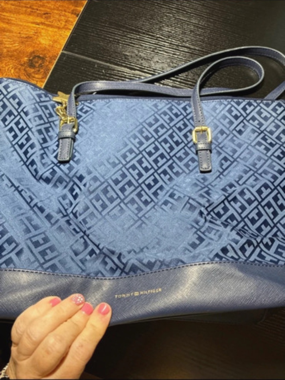 Tommy Hilfiger Blue Monogram Tote with Gold Hardware